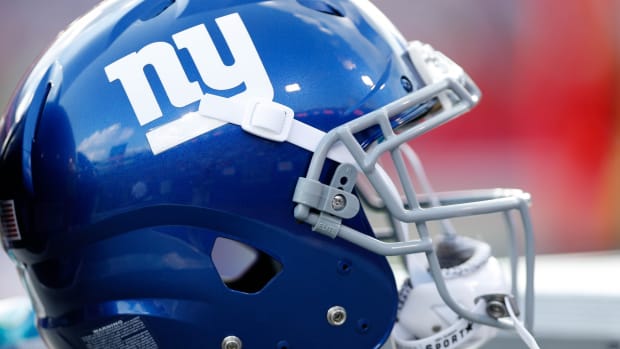 Aug 20, 2016; Orchard Park, NY, USA; A general view of a New York Giants helmet on the bench during the game against the Buffalo Bills at New Era Field.